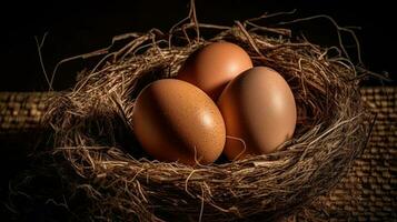 Hähnchen Eier im Nest ai generiert foto