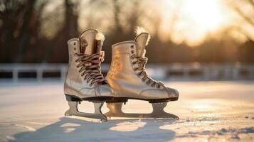 Schuhe von Eis Rollschuhe im das Schnee ai generiert foto