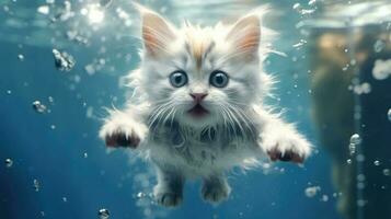 süß Katze Schwimmen unter Wasser ai generiert foto