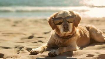 Hund tragen Sonnenbrille Sitzung auf das Strand ai generiert foto