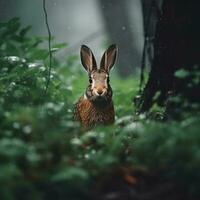 wild Hase im Regen Wald ai generiert foto