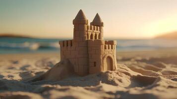 Sand Schloss auf das Strand ai generiert foto