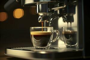 ein Fachmann Kaffee Maschine vorbereiten ein Espresso Kaffee im ein Glas Tasse, ai generativ foto