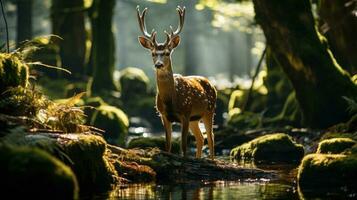 ein Hirsch im das Wald ai generiert foto