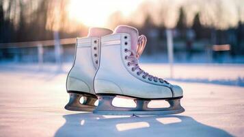 Schuhe von Eis Rollschuhe im das Schnee ai generiert foto