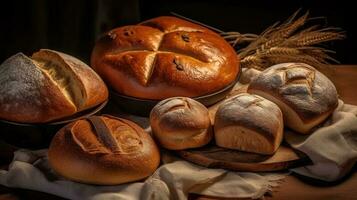 einstellen von Brot auf ein Tabelle ai generiert foto