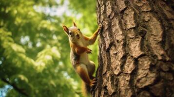 Eichhörnchen Klettern ein Baum ai generiert foto