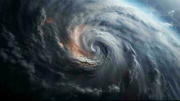 Aussicht von Raum von über auf ein Hurrikan Tornado Strudel von Wolken und Wind, ein Sturm Vorderseite von Schlecht Wetter und natürlich Katastrophe. ai generiert foto