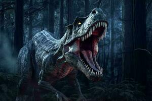 Tyrannosaurus rex ist brüllend im Kiefer Wald beim Nacht Zeit . erstellt durch generativ ai . foto
