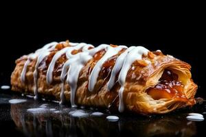 köstlich Apfel Strudel dunkel Hintergrund mit leeren Raum zum Text foto