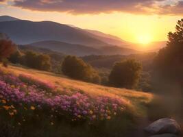 schön Sonnenuntergang Landschaft mit Blumen Feld Über das Berg im Sonnenuntergang. ai generiert. foto