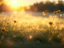 Gras Blumen Feld Über verschwommen Sonnenuntergang Hintergrund. ai generiert. foto