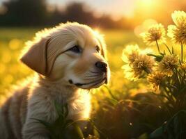 golden Retriever Hündchen im das Blumen Feld Über verschwommen Sonnenuntergang Hintergrund. ai generiert. foto