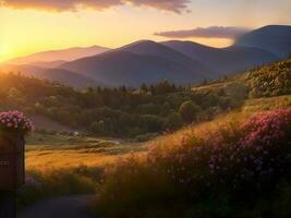 schön Sonnenuntergang Landschaft mit Blumen Feld Über das Berg im Sonnenuntergang. ai generiert. foto
