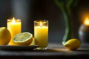 Zitronen und Kerzen auf ein hölzern Hintergrund. ai generiert. foto