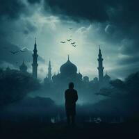 Mann Stehen beim Nacht im Vorderseite von Moschee erstellt mit generativ ai foto
