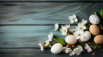 Ostern Eier und Blumen auf hölzern Hintergrund erstellt mit generativ ai foto