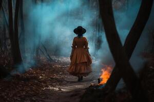 ein Frauen im ein dunkel Wald erstellt mit generativ ai foto