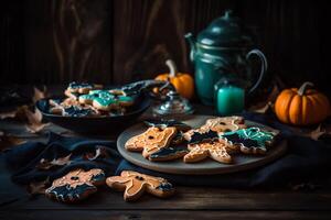 Halloween Kürbis Kekse und Milch erstellt mit generativ ai foto