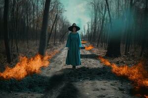 ein Frauen im ein dunkel Wald erstellt mit generativ ai foto