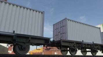 Weiß Versand Ladung Behälter zum Logistik und Transport. Ladung Zug mit leer Weiß Behälter. 3d Illustration foto