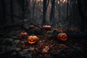 gespenstisch Halloween Kürbis im das Wald erstellt mit generativ ai foto