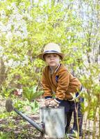 süß wenig Kleinkind Junge im ein Hut und Gummi Stiefel ist Bewässerung Pflanzen mit ein Bewässerung können im das Garten. ein charmant wenig Kind Portion seine Eltern wachsen Gemüse. foto