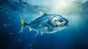 Blaufisch Springen aus von das Ozean Hintergrund mit leeren Raum zum Text foto