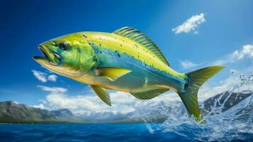 Mahi-Mahi Springen aus von das Meer Hintergrund mit leeren Raum zum Text foto