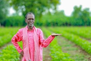 indisch glücklich Farmer zeigen leeren Hände, glücklich alt Arm Farmer foto