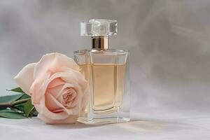 Parfüm Flasche mit Pastell- Rosa Rose. generativ ai foto