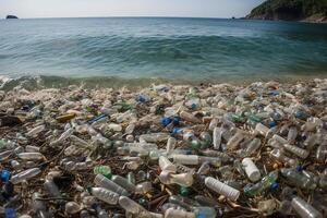 Plastik Abfall auf Meer oder Ozean Ufer. global Verschmutzung. generativ ai foto