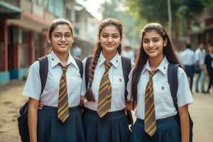 drei Schule Mädchen mit Uniformen und Bindungen foto