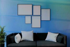 Rahmen Foto Attrappe, Lehrmodell, Simulation mit Himmel Blau Mauer Hintergrund. 3d machen Illustration
