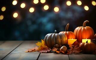 Herbst Kürbis mit Kerzen, Ahorn Blätter und Kiefer Kegel auf dunkel Bokeh Beleuchtung Blau Hintergrund mit Kopieren Raum. hölzern Tisch. Halloween Konzept. glücklich das Erntedankfest. foto