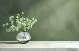 modern Glas Vase mit Weiß Blumen im Sonnenlicht von Fenster auf Grün Wand, Schatten auf Fußboden zum Dekoration, Luxus Kosmetika, Hautpflege, Schönheit Produkt Hintergrund Anzeige foto