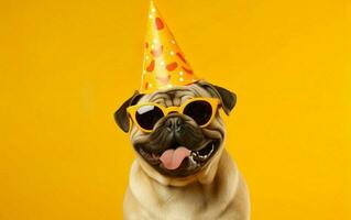 komisch Haustier Feiern, süß Hund im Party Hut und Sonnenbrille Über Gelb Hintergrund. Französisch Bulldogge foto