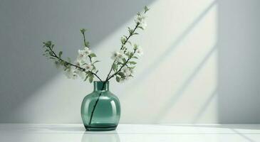 modern Glas Vase mit Kirsche Blumen im Sonnenlicht von Fenster auf grau Wand, Schatten auf Weiß Marmor Fußboden zum Dekoration, Luxus Kosmetik, Hautpflege, Schönheit Produkt Hintergrund Anzeige foto