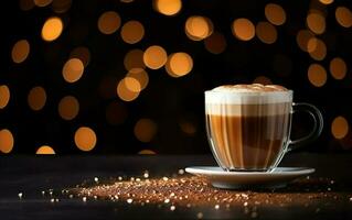 Glas Tasse von Latté mit Zimt und ausgepeitscht Sahne auf ein Platte, verschwommen funkelnd dunkel und Gold Hintergrund mit schön Bokeh, Kaffee Bohnen auf das schwarz hölzern Tabelle foto