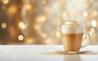 Tasse von Latté mit ausgepeitscht Sahne auf ein Weiß Platte, verschwommen, funkelnd und fabelhaft Hintergrund, Licht Orange und Licht Gold, festlich Atmosphäre, Kaffee und funkeln auf das Weiß Tabelle foto