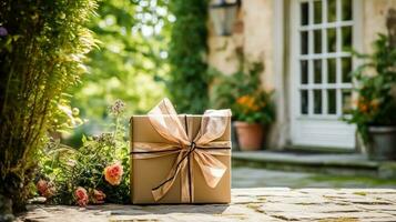 elegant Geschenk Geschäft Lieferung, Post- Bedienung und Luxus online Einkaufen, Paket Box mit ein Bogen auf ein Haus Haustür im das Landschaft, generativ ai foto