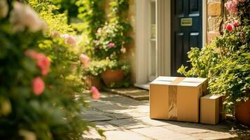 Post- Service, Zuhause Lieferung und online Einkaufen, Paket Box auf ein Haus Haustür im das Landschaft, generativ ai foto