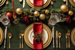 Weihnachten Tabelle Landschaft, elegant formal Abendessen Tabelle Einstellung, Tischlandschaft mit Urlaub Dekoration zum Party Veranstaltung Feier, generativ ai foto