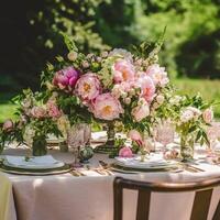 Urlaub Tischlandschaft, formal Abendessen Tabelle Einstellung, Pfingstrose Blumen Tabelle scape mit Pfingstrosen Dekoration zum Hochzeit Party und Veranstaltung Feier, generativ ai foto