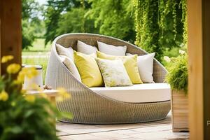 Garten Möbel im das Landschaft im Sommer, Zuhause Dekor und Innere Design, generativ ai foto