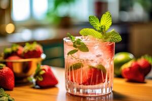 Erdbeere Mojito im das Küche Tabelle Essen Fotografie ai generiert foto