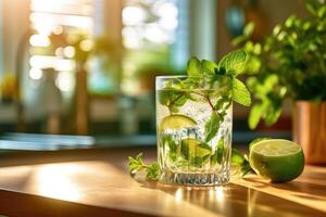 Mojito im das Küche Tabelle Essen Fotografie ai generiert foto