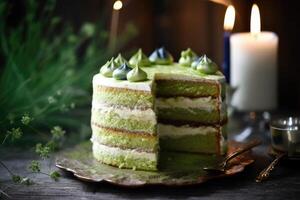 Lager Foto von Geburtstag Kuchen Matcha Essen Fotografie Studio Licht ai generiert