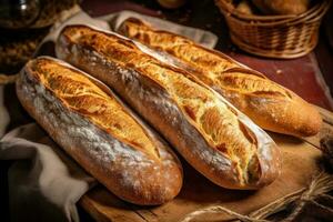 Lager Foto von Französisch Brot oder Stangenbrot im Küche Tabelle ai generiert