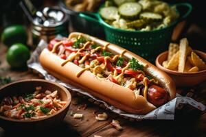 Lager Foto von Hotdog im Küche Tabelle eben legen ai generiert